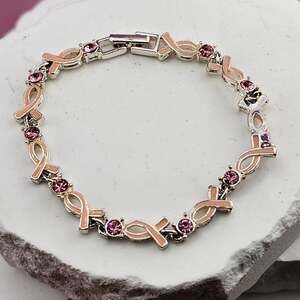 Pink Ribbon Awareness Link Bracelet Rhinestone Silver Tone Feminine Jewelry